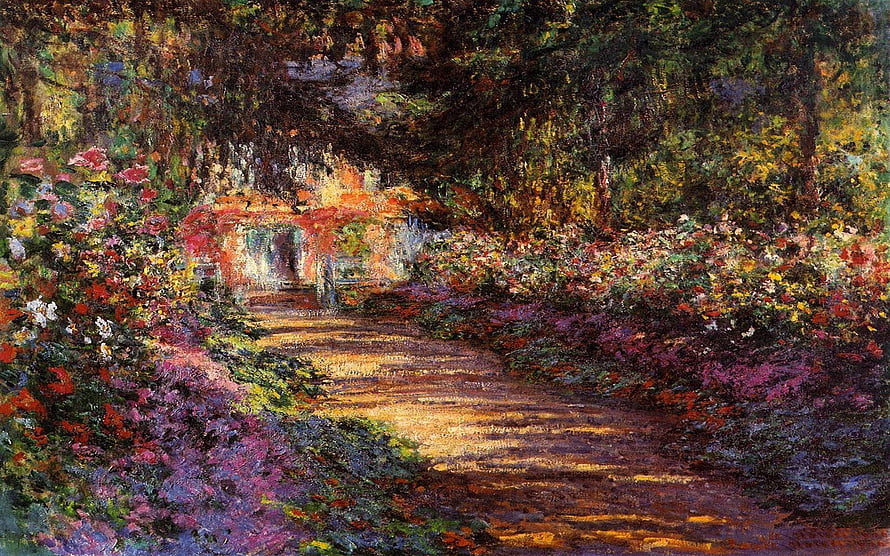 Claude Monet Impressionist Garden Path with Vibrant Flowers and Dappled Sunlight HD wallpaper