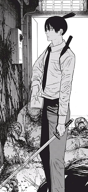Aki Hayakawa from Chainsaw Man Standing with Katana in Black and White Manga Panel, Aki Hayakawa, Chainsaw man HD phone wallpaper