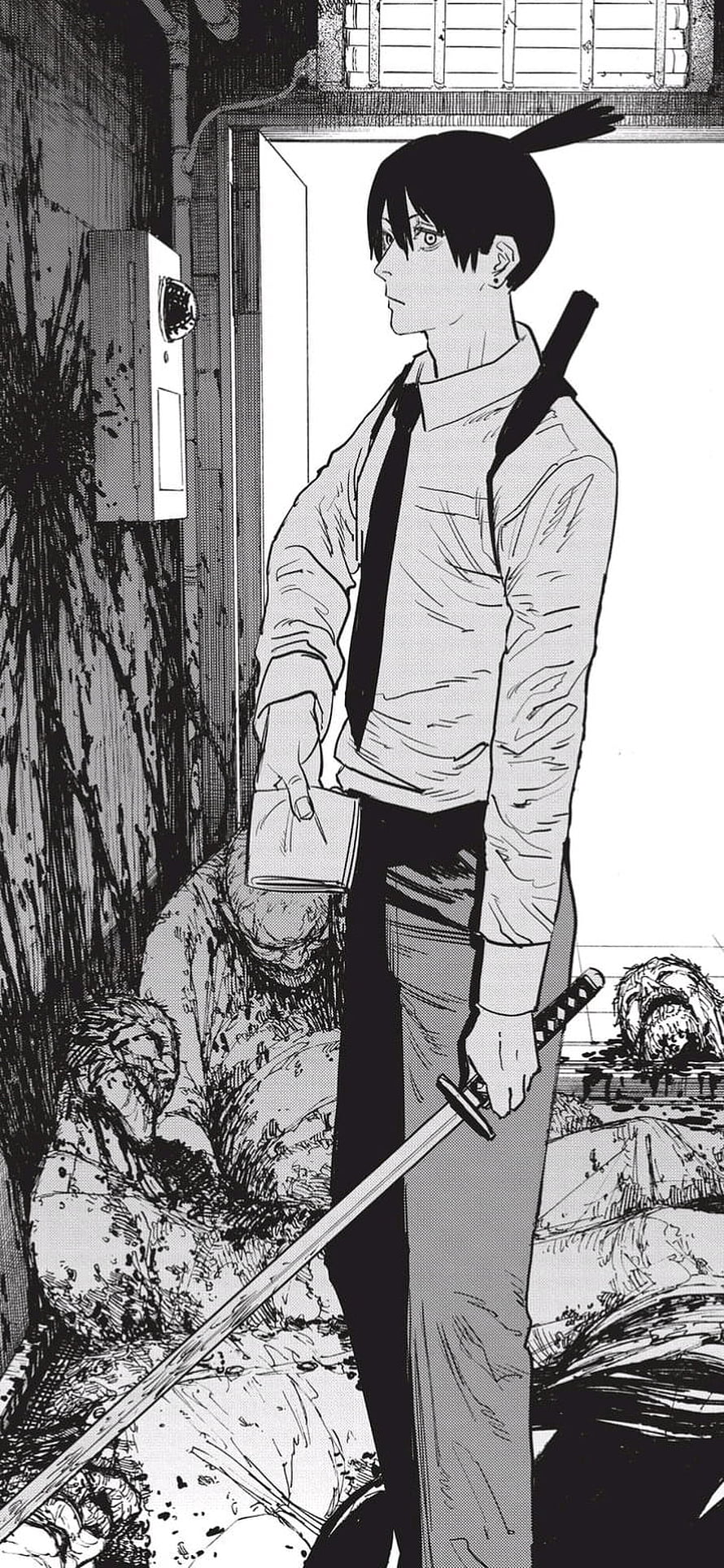 Aki Hayakawa from Chainsaw Man Standing with Katana in Black and White Manga Panel, Aki Hayakawa, Chainsaw man HD phone wallpaper