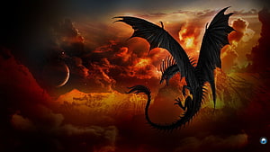 House of the Dragon Black Dragon Soaring Over Fiery Volcanic Landscape HD wallpaper