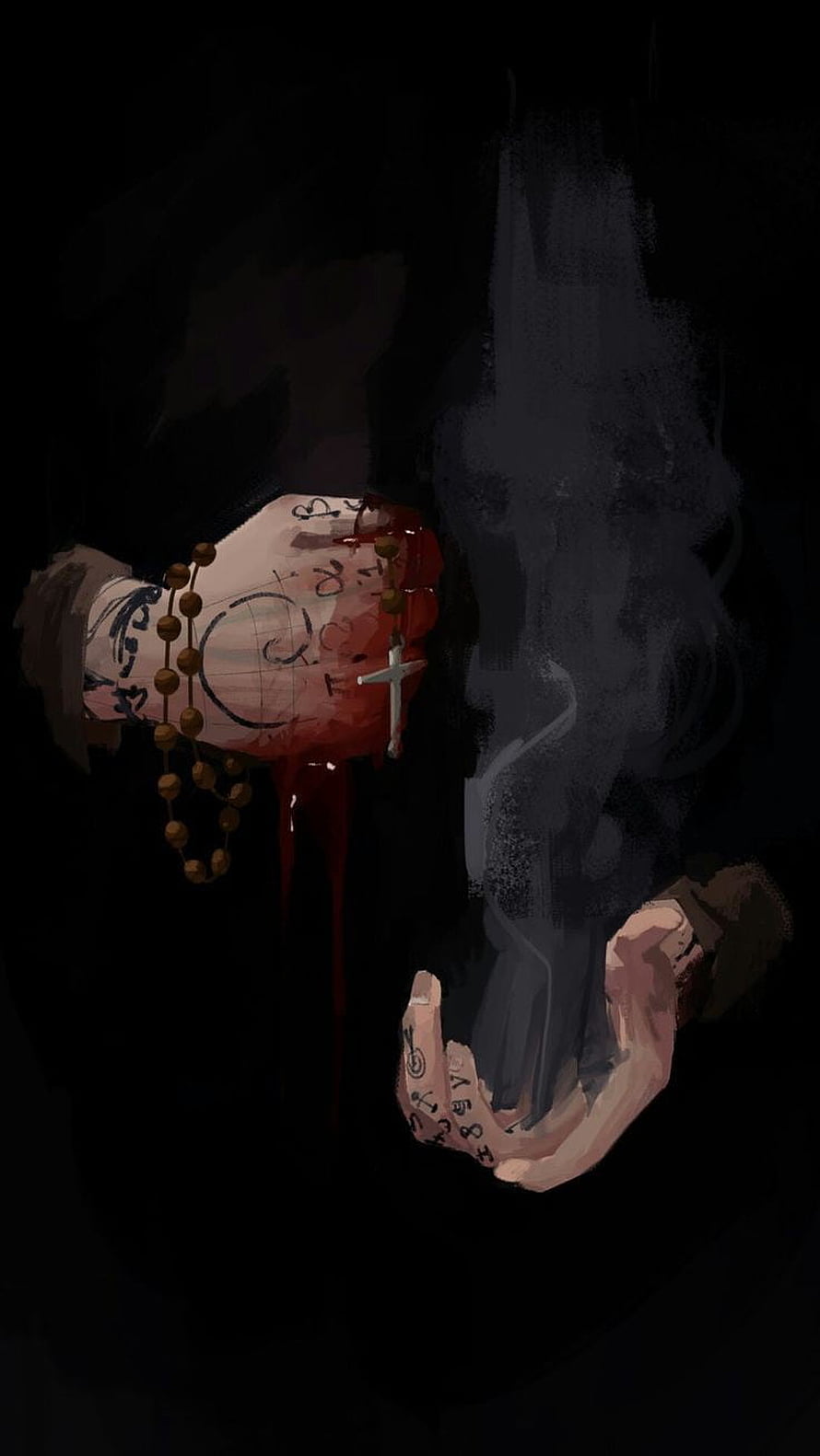 Dark Digital Art of Tattooed Hands Holding Rosary and Cross with Smoke HD phone wallpaper
