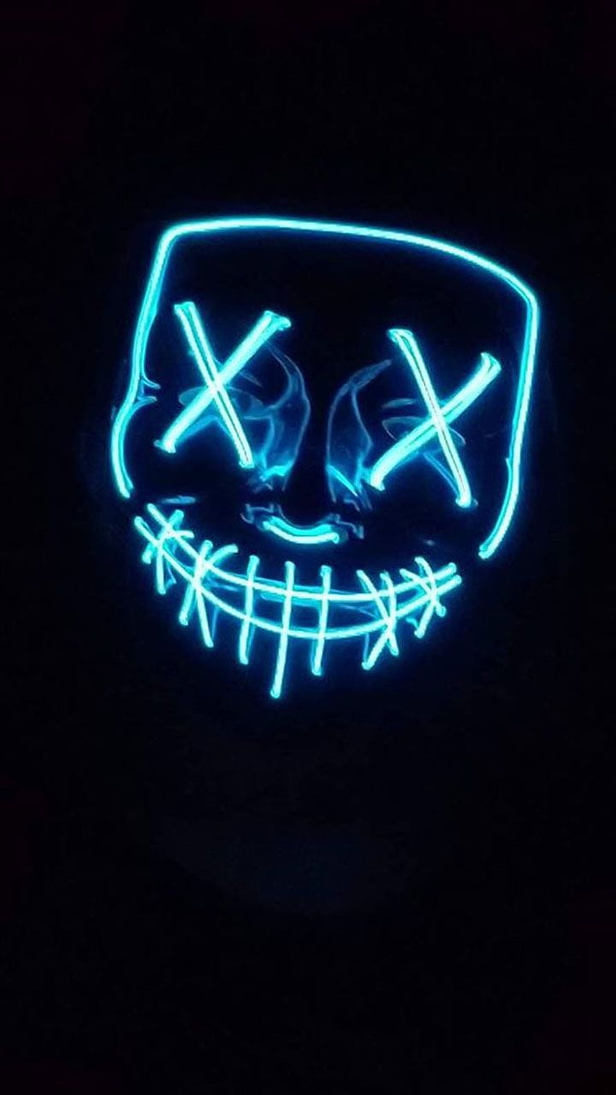 Neon Blue Purge Mask with X Eyes and Stitches on Black Background HD phone wallpaper
