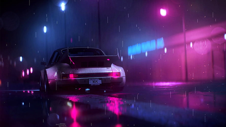 Porsche 930 Turbo in Neon Rain - Cyberpunk Style Night Drive Wallpaper HD wallpaper
