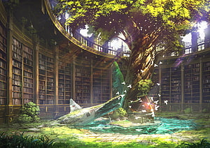 Enchanted Library Interior With Ancient Tree And Sunlit Water Pool HD wallpaper