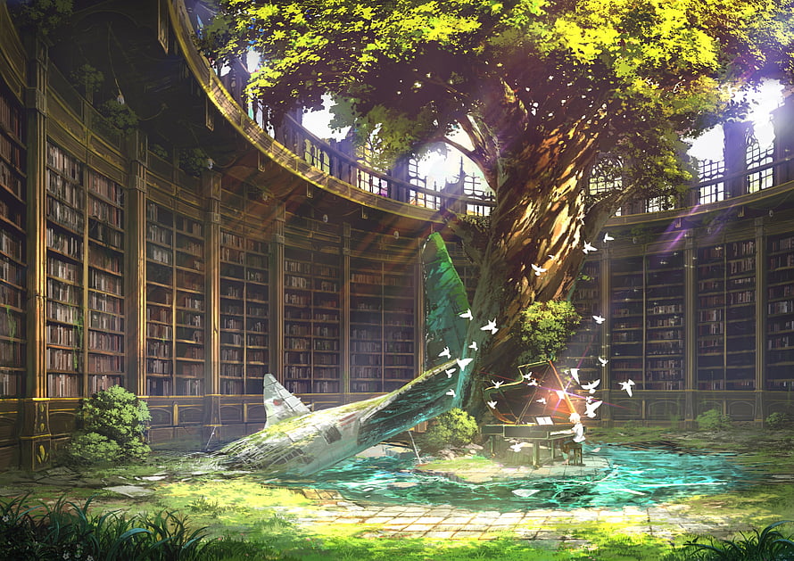 Enchanted Library Interior With Ancient Tree And Sunlit Water Pool HD wallpaper