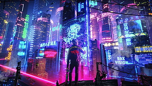 Cyberpunk Neon Cityscape with Skater Silhouette and Futuristic Holographic Billboards HD wallpaper