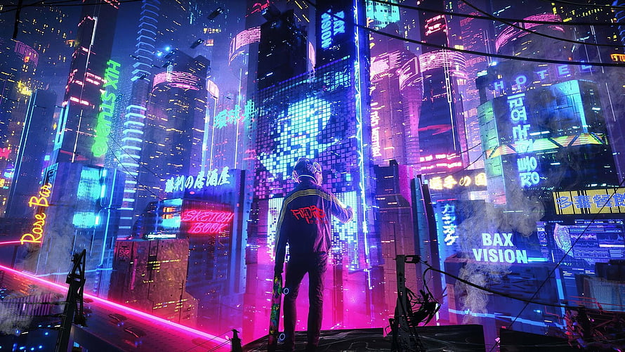 Cyberpunk Neon Cityscape with Skater Silhouette and Futuristic Holographic Billboards HD wallpaper