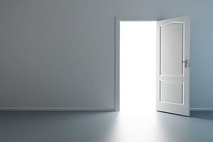 Minimalist Interior With Open White Door And Bright Light Streaming Into Gray Room HD wallpaper