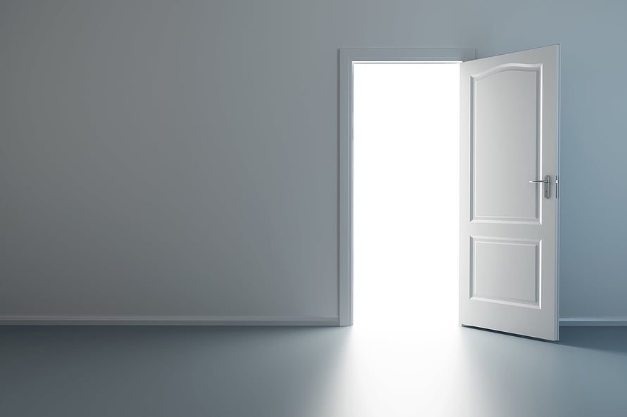 Minimalist Interior With Open White Door And Bright Light Streaming Into Gray Room HD wallpaper