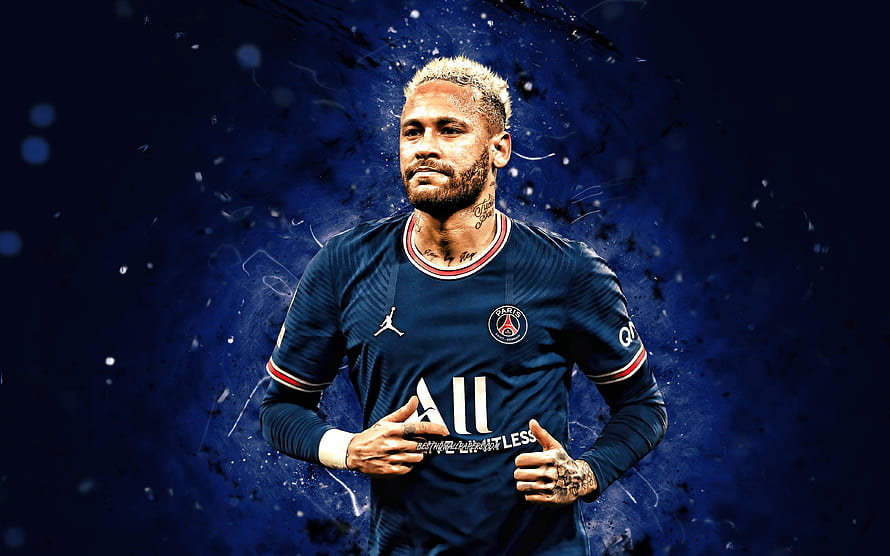 Neymar in Paris Saint-Germain Kit Against Dark Blue Abstract Background HD wallpaper