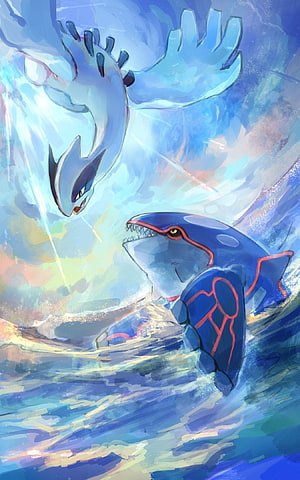 Lugia and Kyogre Confrontation in Ocean Waves HD phone wallpaper