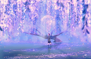 Demon Slayer Character Walking Beneath Glowing Wisteria Tree Under a Full Moon HD wallpaper