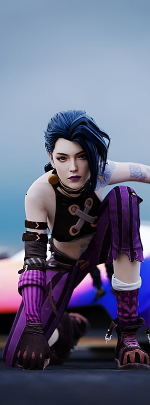 Jinx from Arcane in a dynamic crouching pose with blue hair and purple outfit HD phone wallpaper