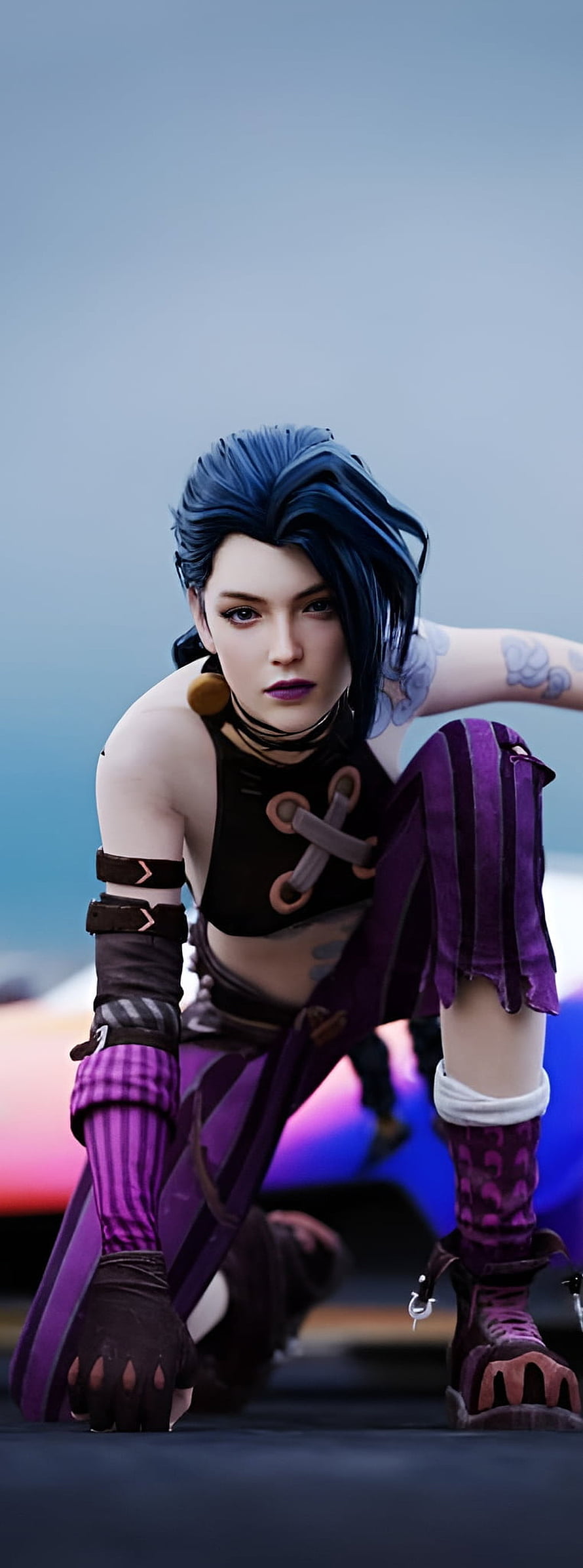 Jinx from Arcane in a dynamic crouching pose with blue hair and purple outfit HD phone wallpaper