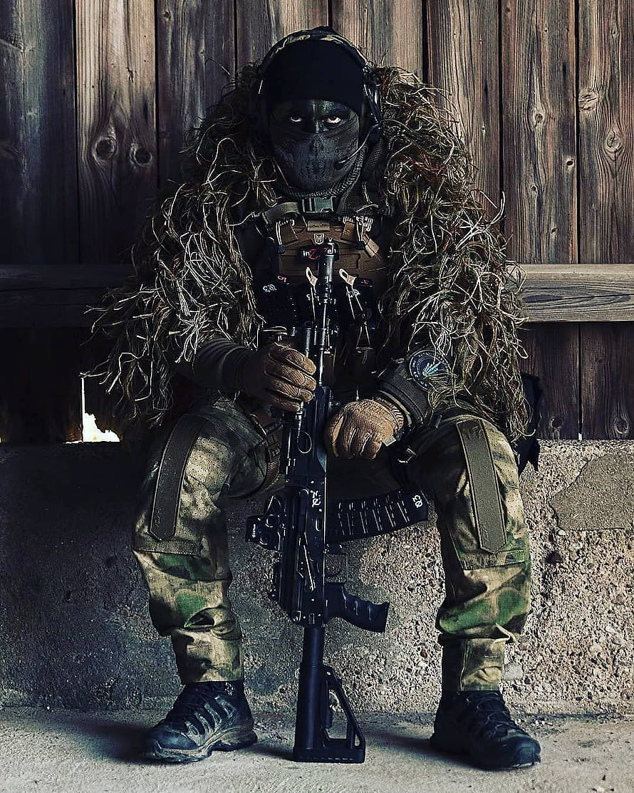 Sniper in Ghillie Suit with Tactical Rifle and Camouflage Gear HD phone wallpaper