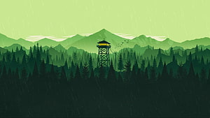 Firewatch Fire Tower in Rainy Pine Forest with Distant Mountain Range HD wallpaper