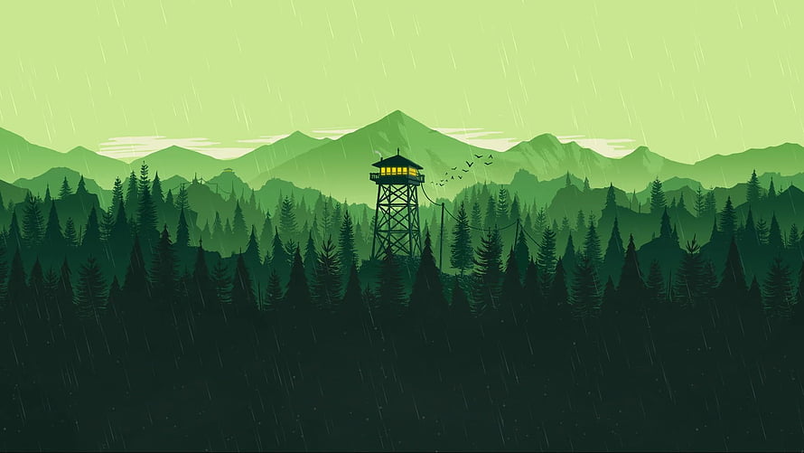 Firewatch Fire Tower in Rainy Pine Forest with Distant Mountain Range HD wallpaper
