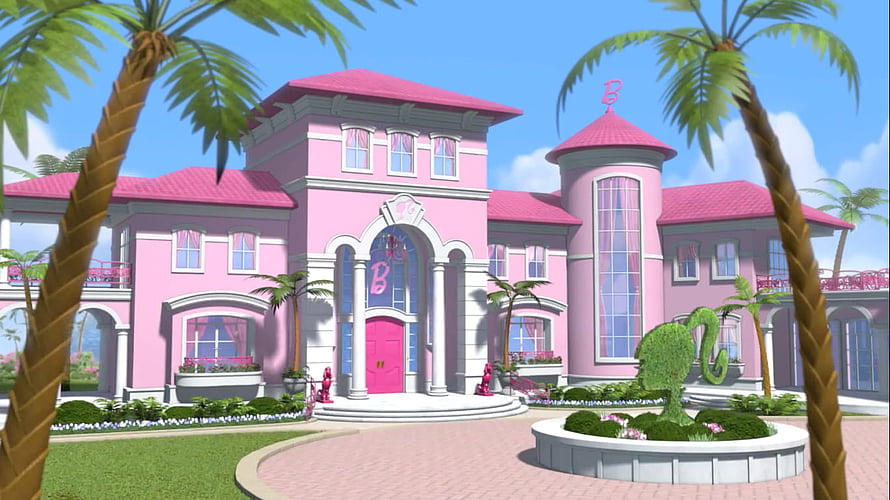 Barbie Dreamhouse Exterior With Palm Trees And Tropical Garden HD wallpaper