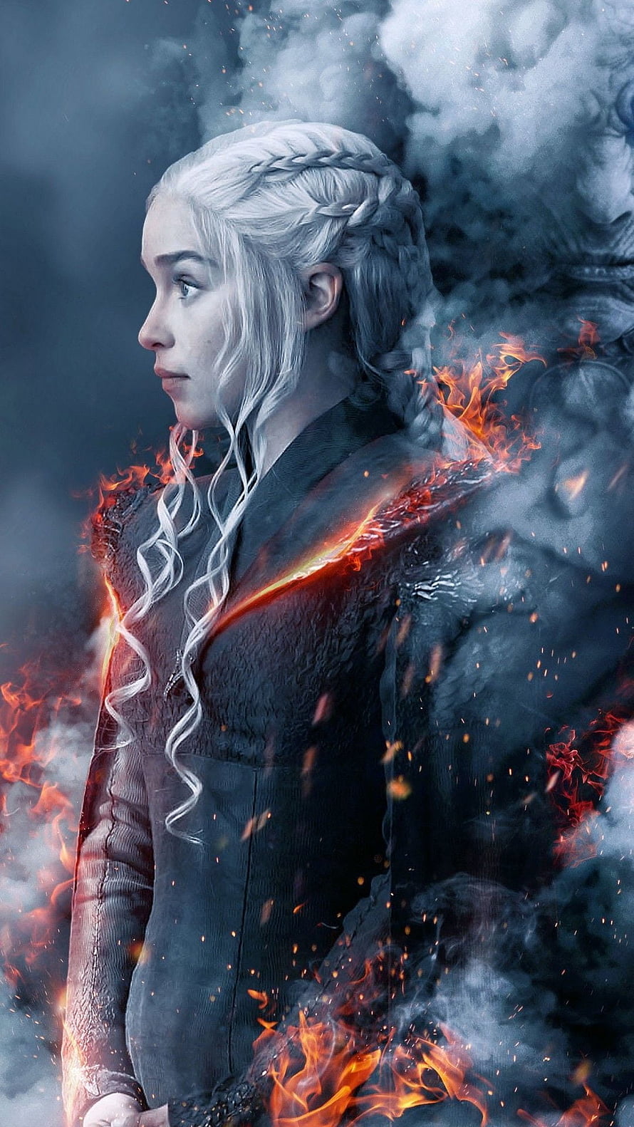 Daenerys Targaryen Surrounded by Flames and Smoke in Dark Fantasy Style HD phone wallpaper