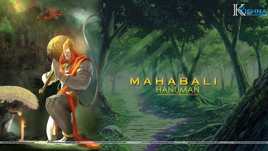 Mahabali Hanuman kneeling in prayer with golden mace in mystical forest, Of Mahabali Hanuman In Full Size Krishna God , , Pics And , Hanuman PC HD wallpaper