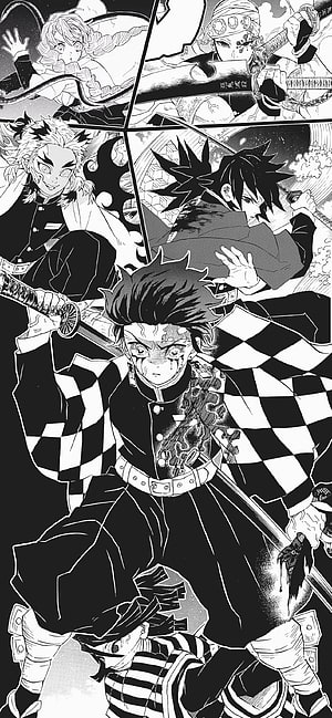 Demon Slayer Black and White Manga Panel Featuring Tanjiro Kamado and Hashira HD phone wallpaper