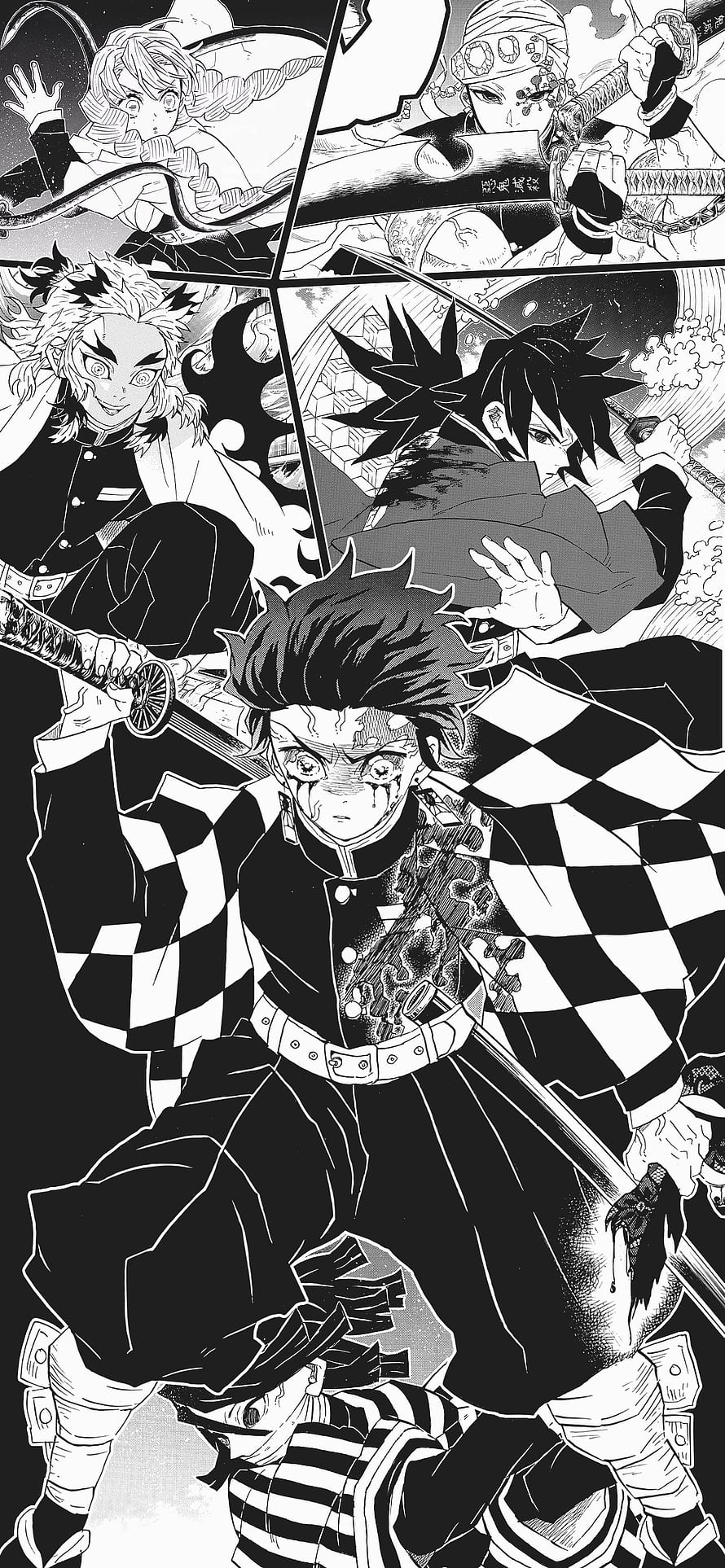 Demon Slayer Black and White Manga Panel Featuring Tanjiro Kamado and Hashira HD phone wallpaper