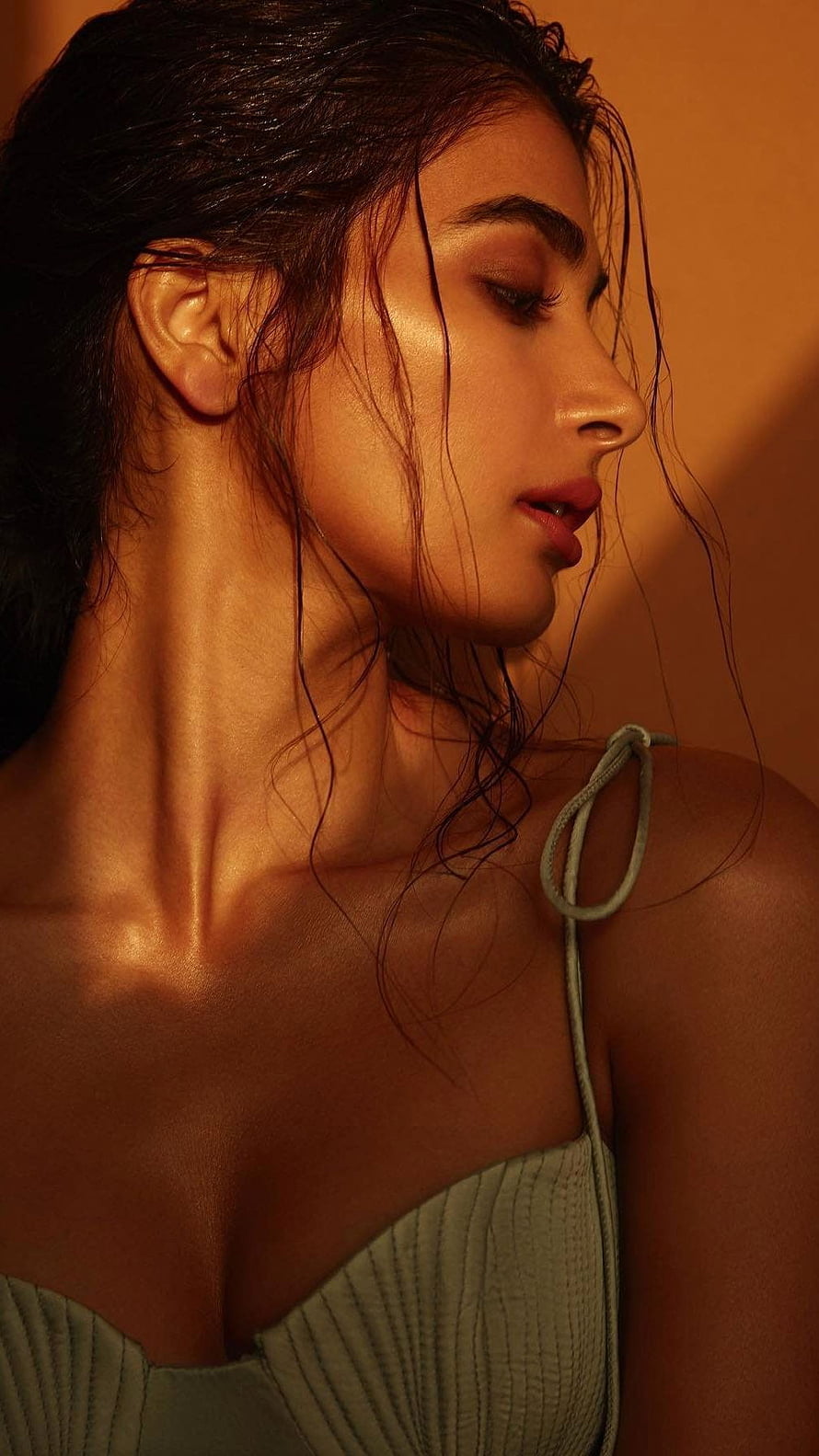 Portrait of a woman with wet hair in warm golden lighting wearing a sage green top, Pooja Hegde HD phone wallpaper