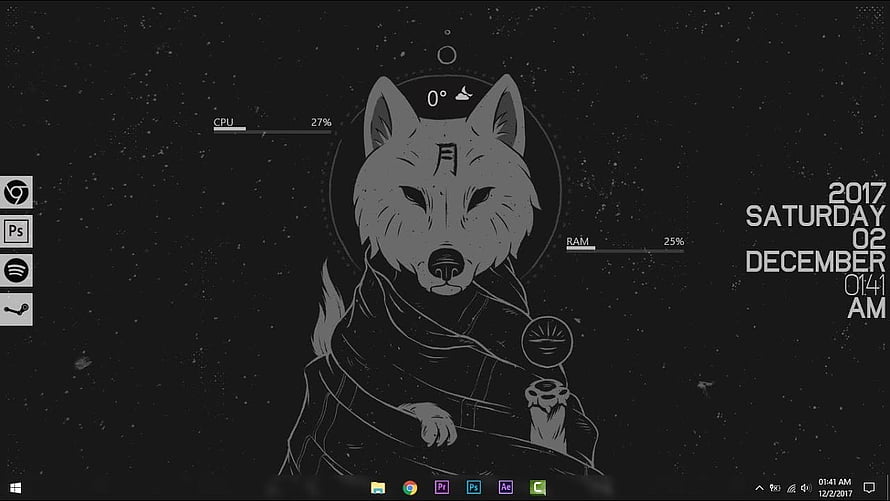 Dark Anime Wolf Character Desktop Wallpaper With System Monitor Overlay HD wallpaper