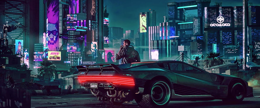Cyberpunk 2077 Night City Street Scene with Futuristic Sports Car and Neon Skyline HD wallpaper