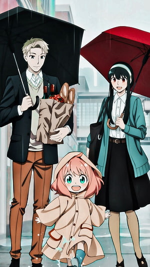 Spy x Family Family Portrait in the Rain with Umbrellas and Groceries HD phone wallpaper