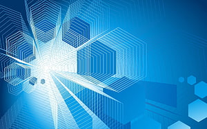 Abstract Blue Technology Background with Geometric Wireframe Hexagons and Digital Light Rays HD wallpaper