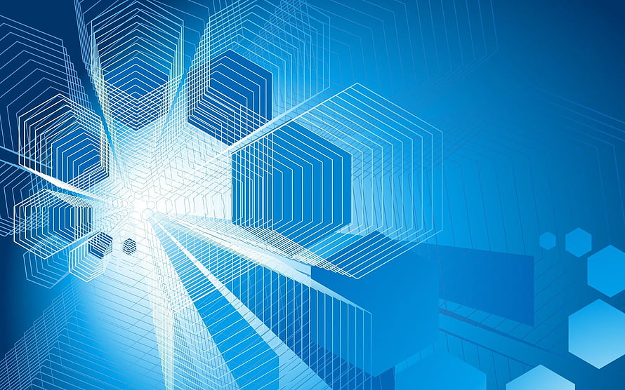 Abstract Blue Technology Background with Geometric Wireframe Hexagons and Digital Light Rays HD wallpaper