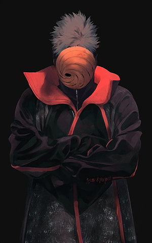 Tobi Uchiha in Akatsuki Cloak with Spiral Mask and Spiky White Hair HD phone wallpaper