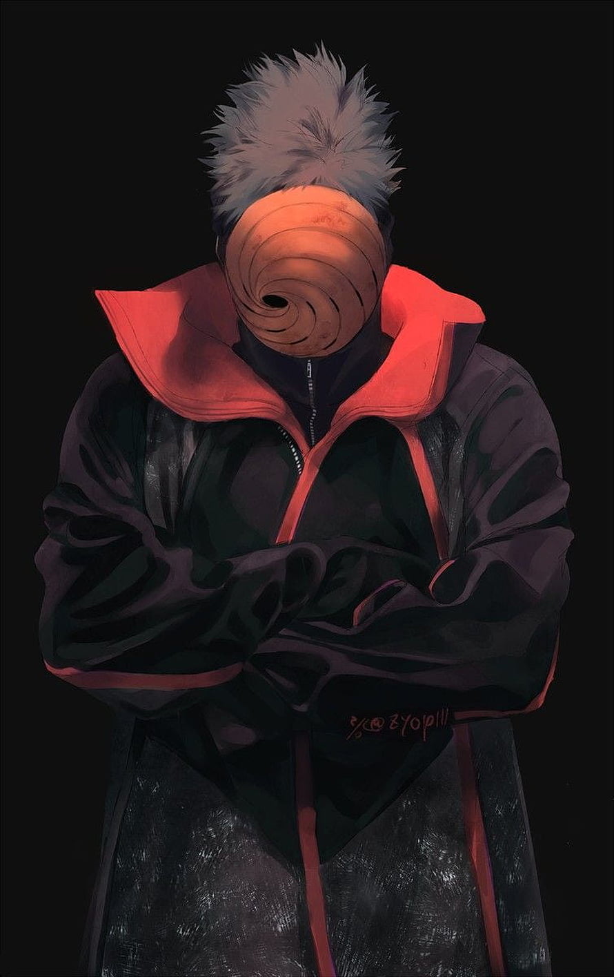 Tobi Uchiha in Akatsuki Cloak with Spiral Mask and Spiky White Hair HD phone wallpaper