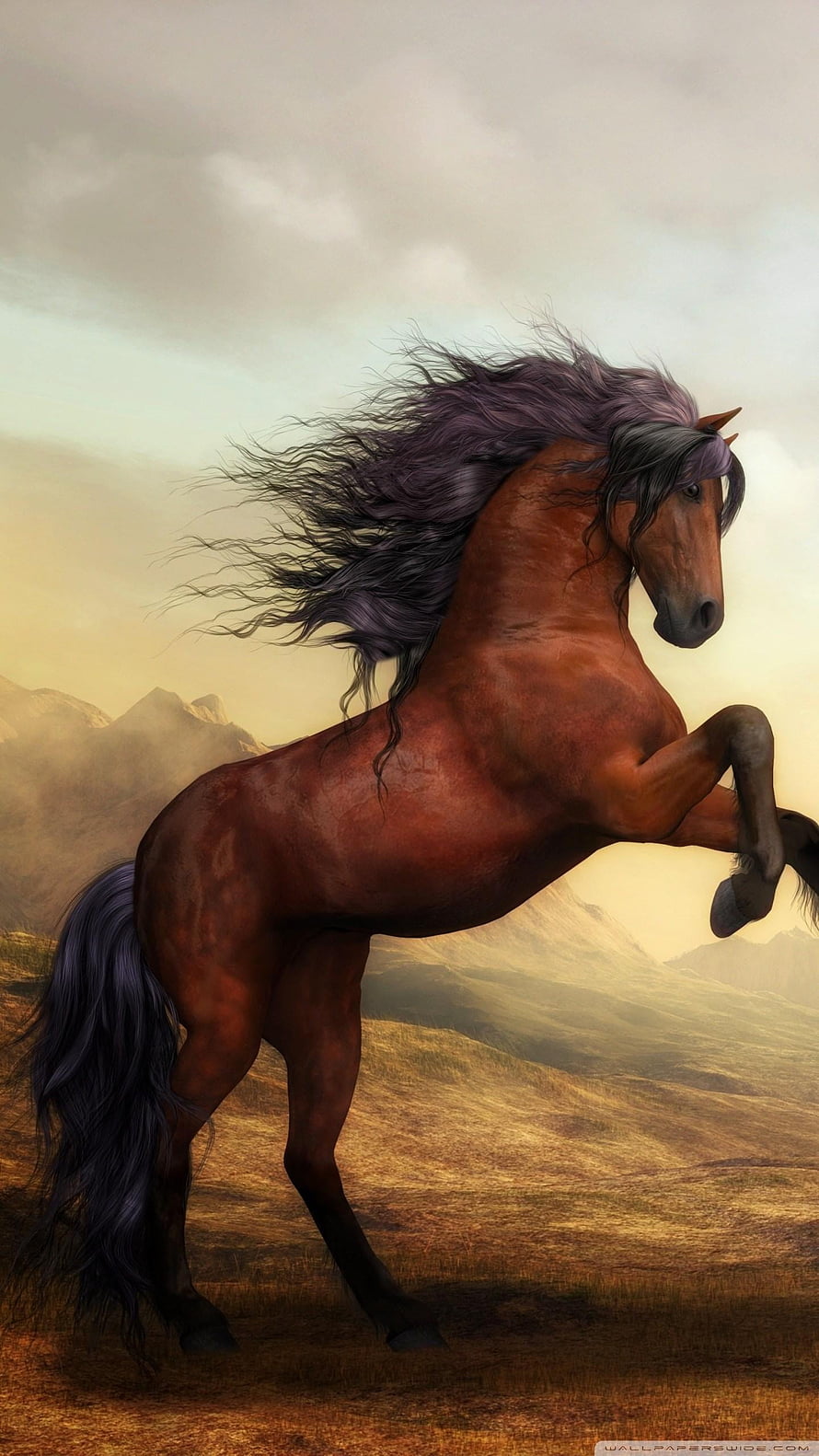 Majestic Brown Horse Rearing Up in Mountain Landscape Digital Art HD phone wallpaper