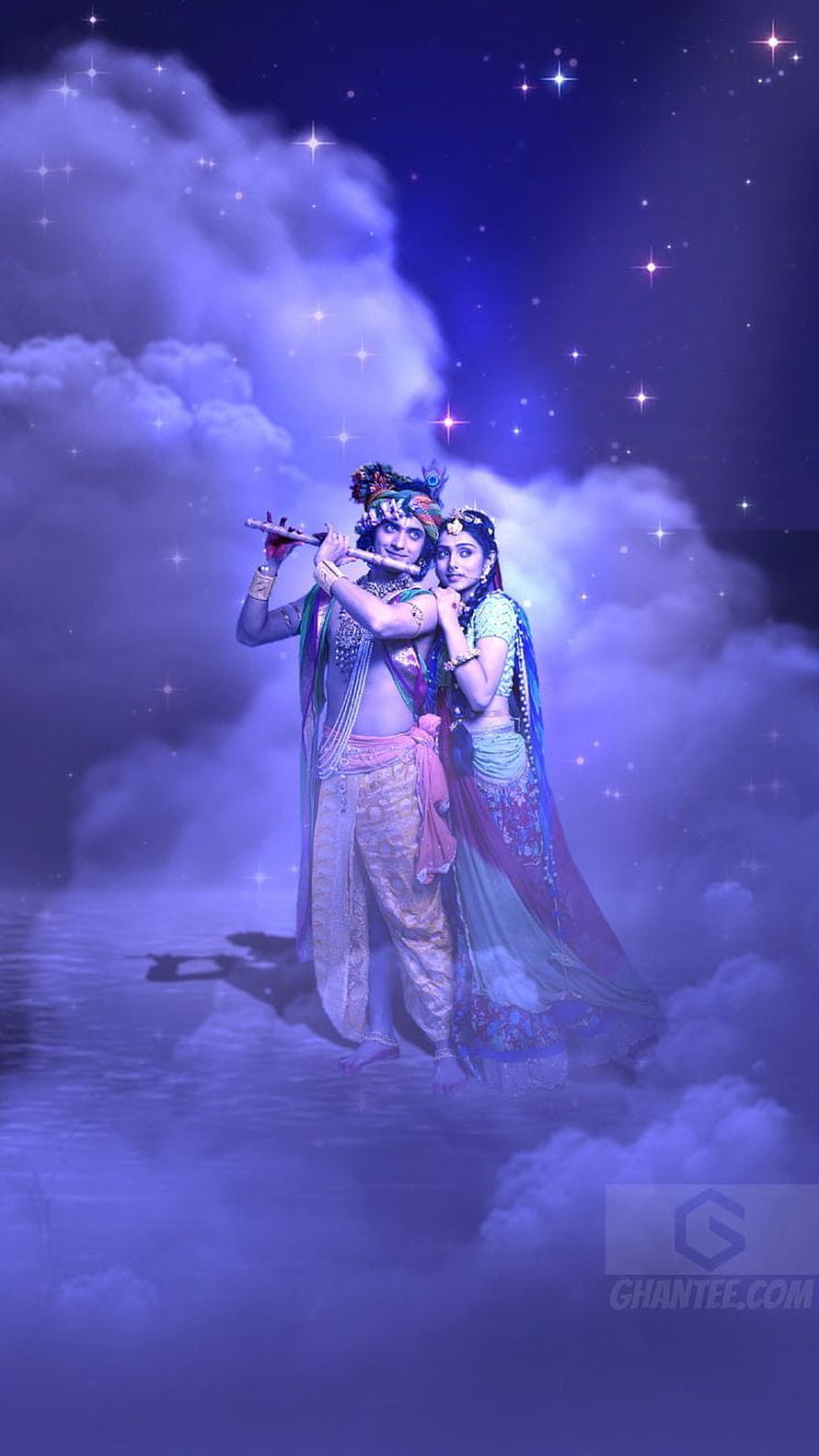 Radha Krishna Playing Flute in Ethereal Clouds and Starry Night Sky HD phone wallpaper