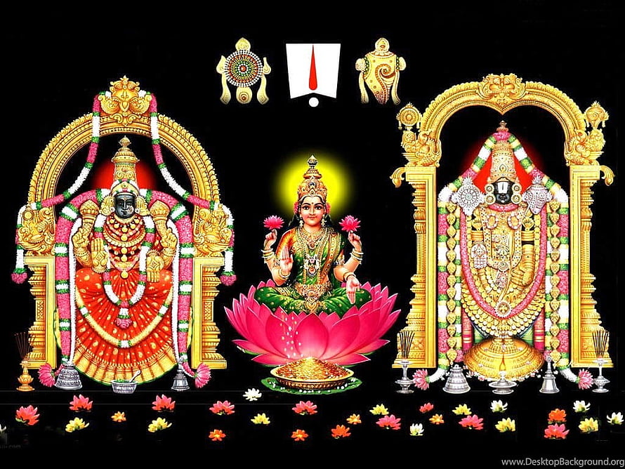 Lord Venkateswara and Goddess Lakshmi Temple Deity Illustration with Gold Ornamentation HD wallpaper