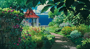 Whisper of the Heart: Lush Garden Pathway Leading to a Red-Roofed Gazebo by the Sea HD wallpaper