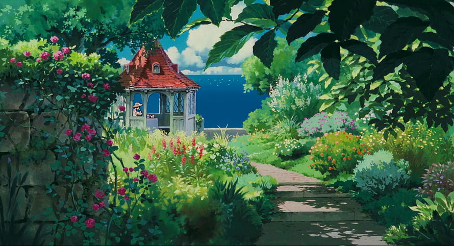 Whisper of the Heart: Lush Garden Pathway Leading to a Red-Roofed Gazebo by the Sea HD wallpaper