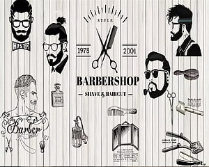 Vintage Barbershop Illustration with Hipster Men and Classic Grooming Tools HD wallpaper
