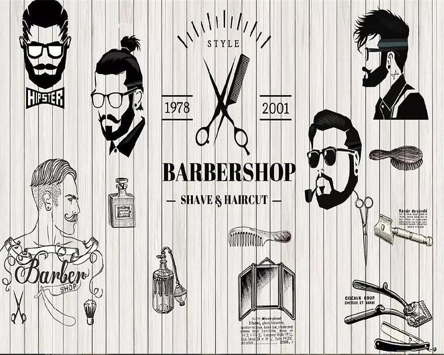 Vintage Barbershop Illustration with Hipster Men and Classic Grooming Tools HD wallpaper