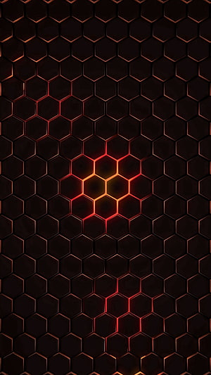 Dark Hexagonal Grid Pattern With Glowing Red And Orange Neon Lines HD phone wallpaper