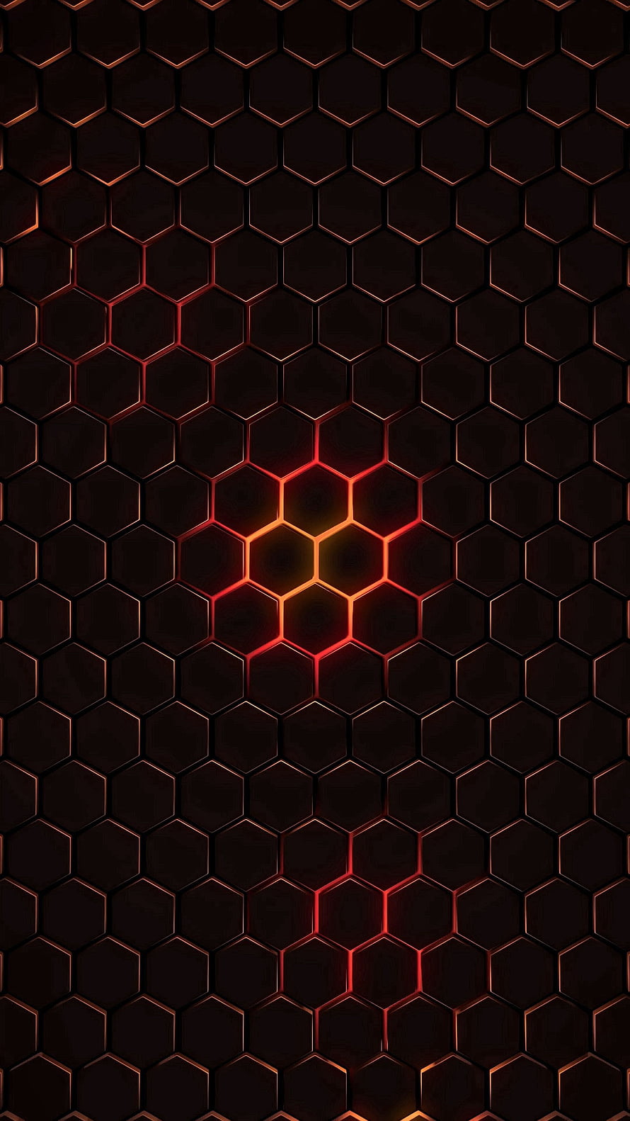 Dark Hexagonal Grid Pattern With Glowing Red And Orange Neon Lines HD phone wallpaper