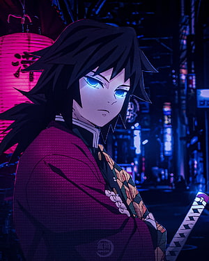 Giyu Tomioka Demon Slayer Anime Character Neon Night City Wallpaper HD phone wallpaper