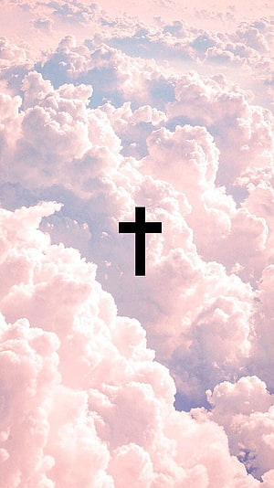 Black Christian Cross Silhouette Against Pink and Blue Cloudy Sky Background HD phone wallpaper