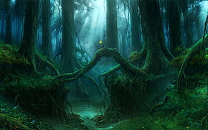 Mystical Gothic Forest with Ancient Trees, Mossy Roots, and a Glowing Lantern by a Misty River HD wallpaper