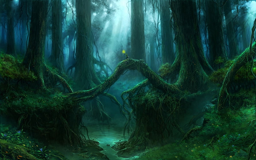 Mystical Gothic Forest with Ancient Trees, Mossy Roots, and a Glowing Lantern by a Misty River HD wallpaper