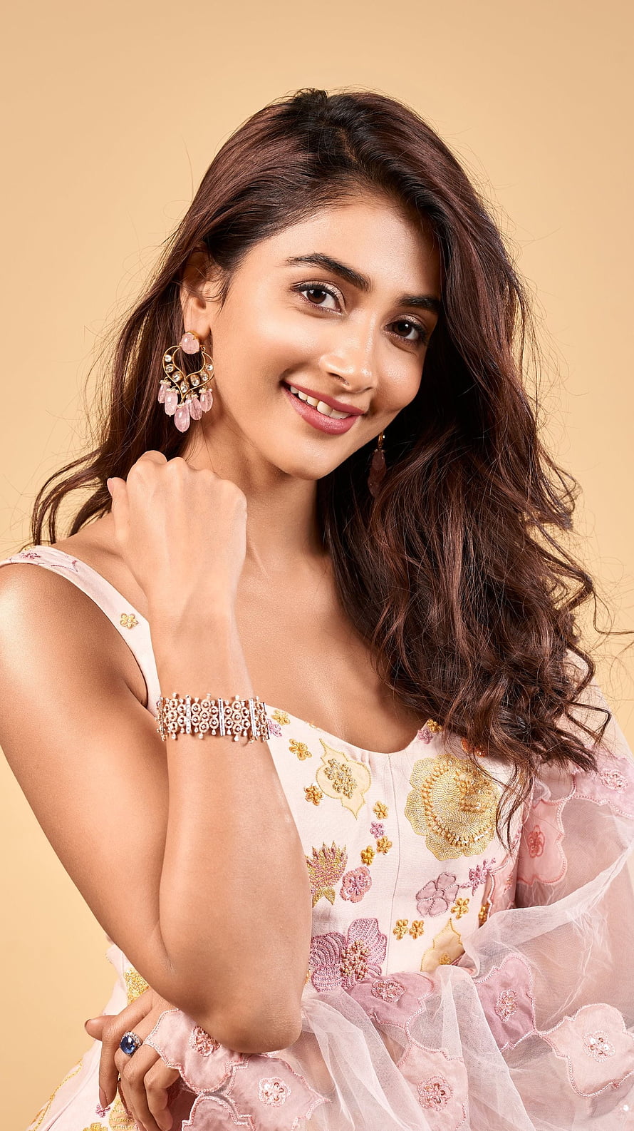 Pooja Hegde in a Pink Floral Embroidered Dress with Elegant Jewelry HD phone wallpaper