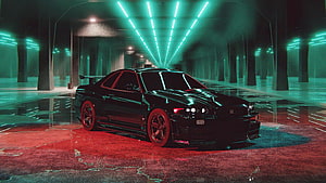 Nissan Skyline GT-R R34 in Neon-Lit Cyberpunk Tunnel with Red and Green Lighting HD wallpaper