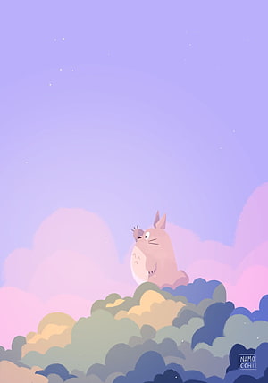 Totoro Sitting on Clouds Under a Starry Purple Sky HD phone wallpaper